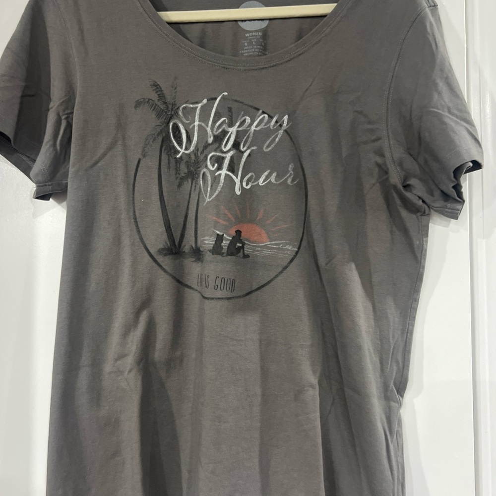 Life Is Good Brand Gray Graphic T-Shirt with Happy Hour Design Large